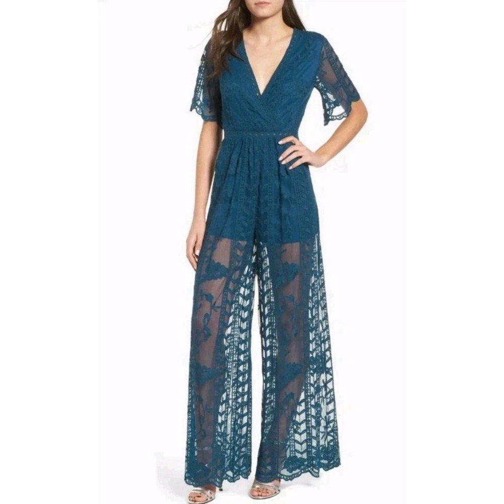 Socialite Lace Overlay Teal‎ Blue Jumpsuit Small